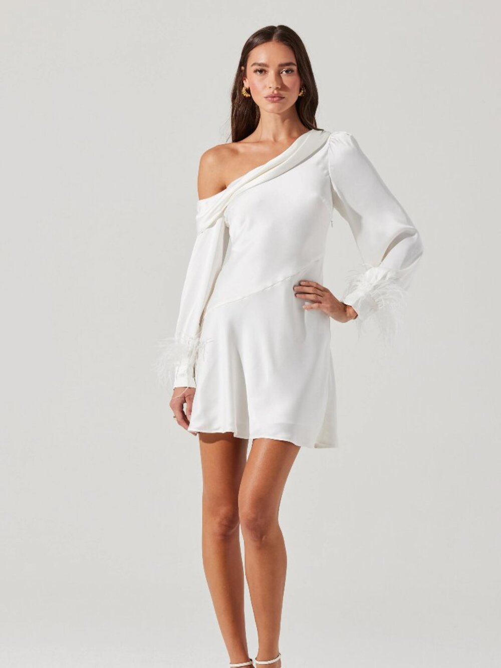 ASTR The Label Augusta Feather Trim White Mini Dress Size L